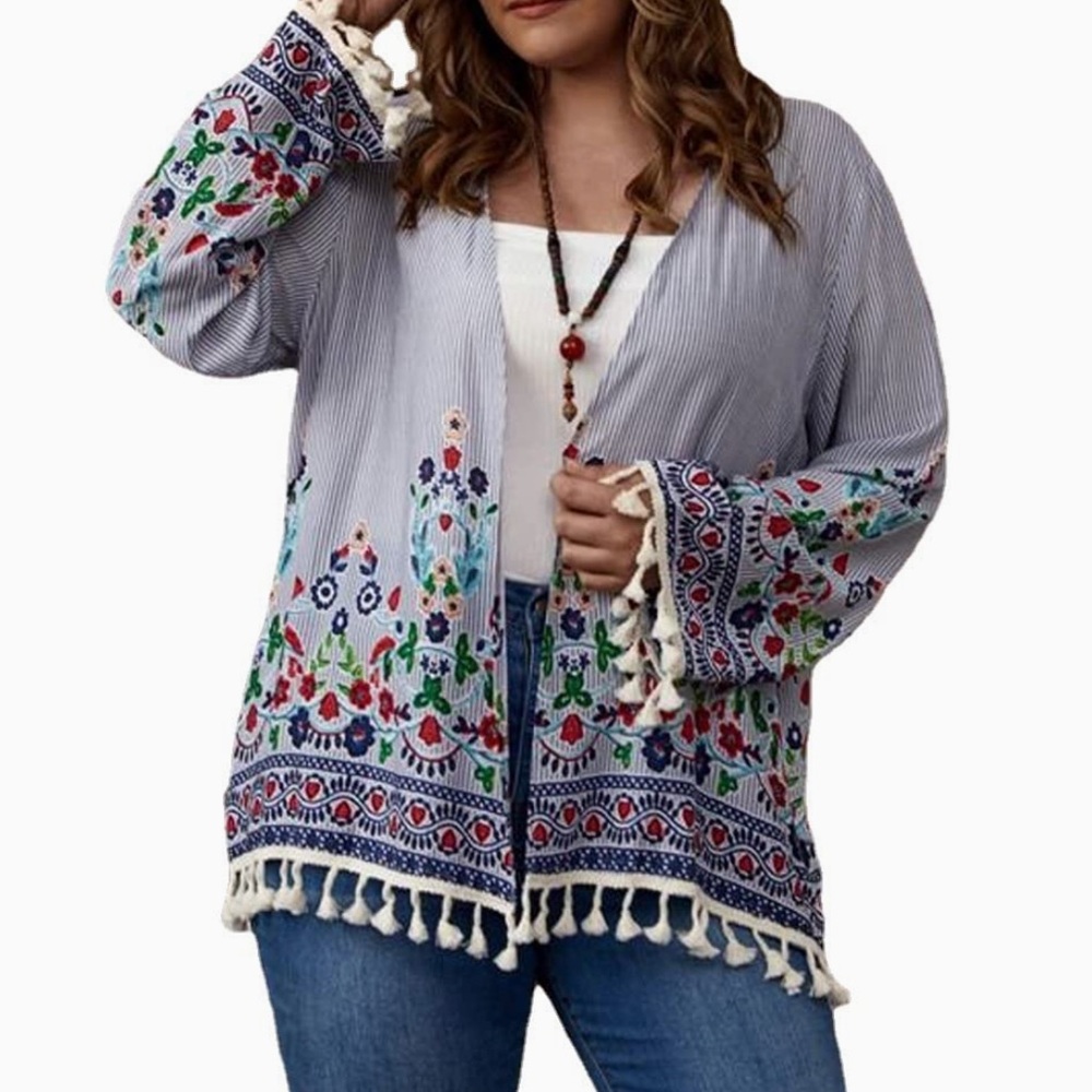 Emery Rose Floral Kimono Open Cardigan Boho Beach Tassels, size 2XL (runs small)
